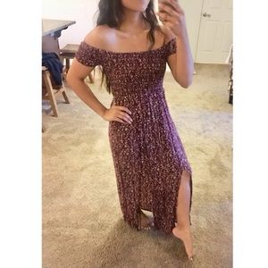 Burgundy off the shoulder floral maxi dress